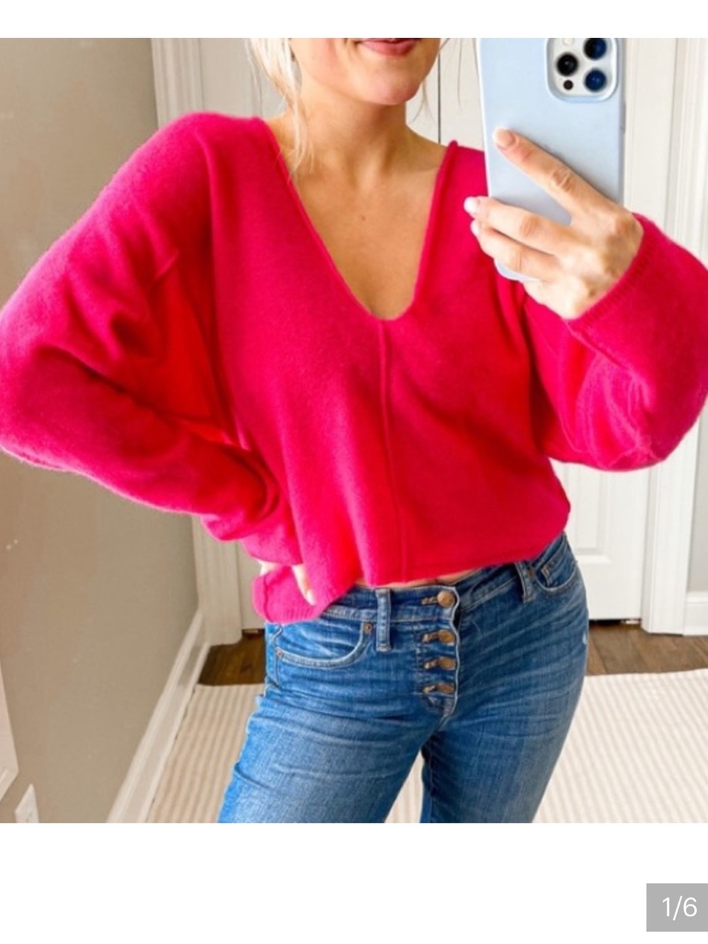 Free People Hot Pink V-Neck Pullover Sweater 100% Cashmere